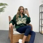 DİK YAKA FERMUARLI BASKILI SWEAT - YEŞİL