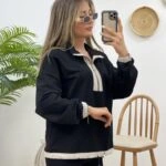 DİK YAKA FERMUARLI BİYELİ BEL BÜZGÜ SWEAT - SİYAH