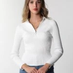 DİK YAKA FERMUARLI FİTİLLİ TRİKO - EKRU