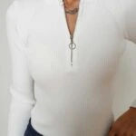 DİK YAKA FERMUARLI FİTİLLİ TRİKO - EKRU