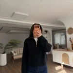 DİK YAKA FERMUARLI KAZAK - SİYAH