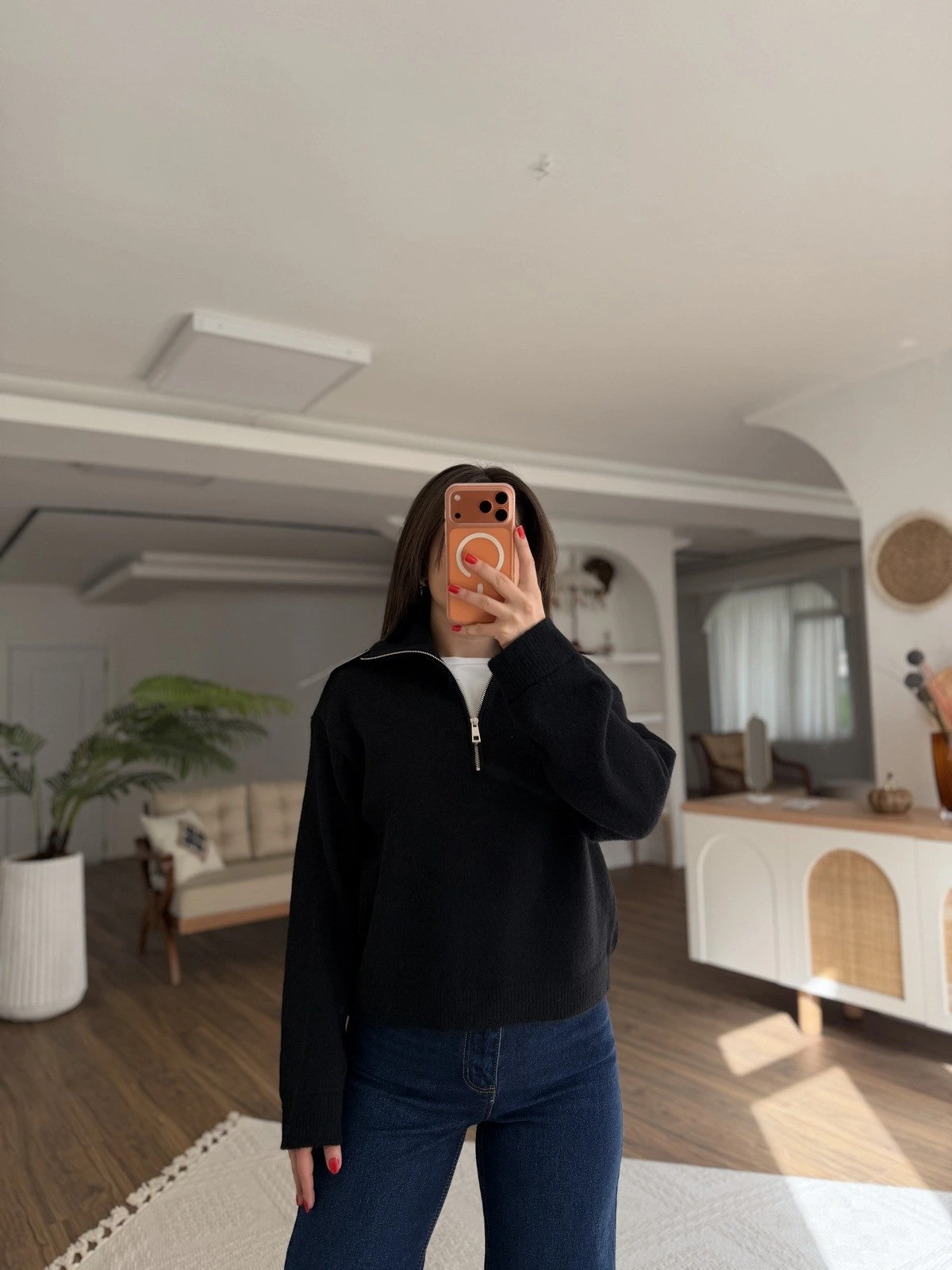 DİK YAKA FERMUARLI KAZAK - SİYAH - Görsel 1