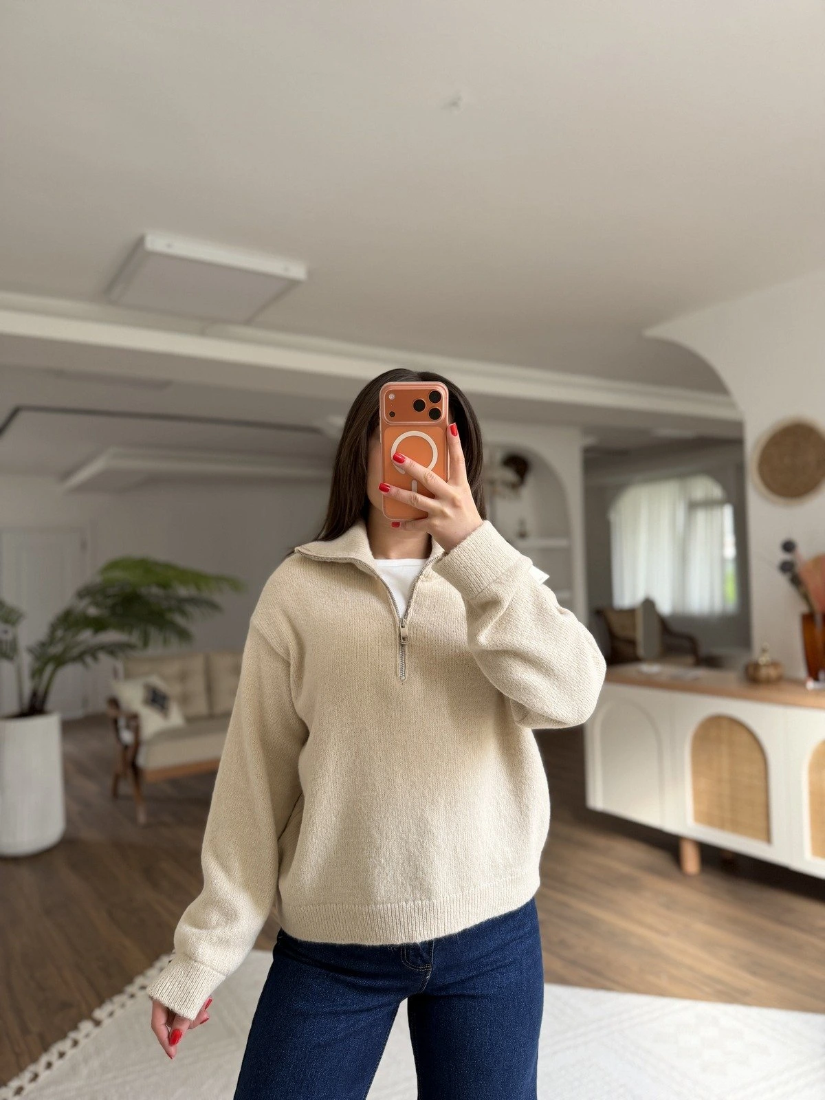 DİK YAKA FERMUARLI KAZAK - TAŞ - Görsel 1