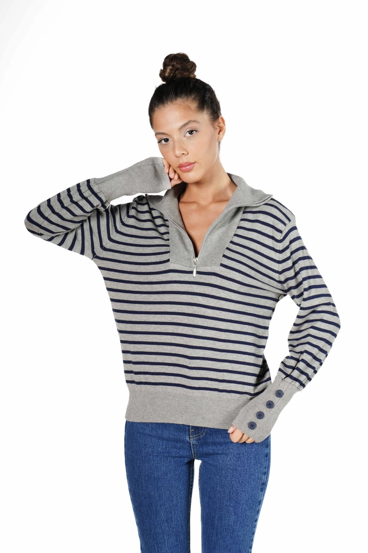 DİK YAKA FERMUARLI KOL DÜĞMELİ VİSKON TRİKO - GRİ LACİVERT - Görsel 1