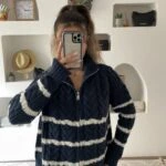 DİK YAKA FERMUARLI SELANİK ÖRGÜ ÇİZGİLİ HIRKA - LACİVERT