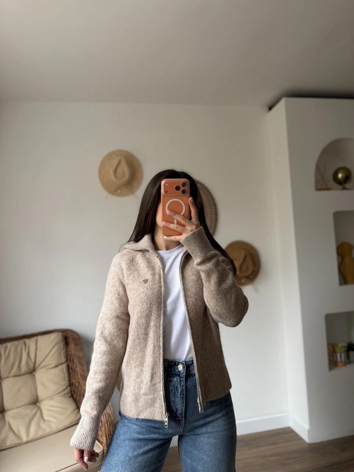 DİK YAKA FERMUARLI YÜN KARIŞIM SAKAL HIRKA - BEJ - Görsel 1