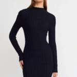 DİK YAKA FİTİLLİ VİSKON  ELBİSE - SİYAH