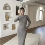 DİK YAKA FİTİLLİ VİSKON UZUN TRİKO ELBİSE - GRİ