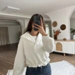 DİK YAKA GARNİLİ BEL BÜZGÜ PAMUK SWEAT - EKRU