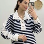 DİK YAKA GOLD ÇITÇIT POPLİN DETAY ÇİZGİLİ SWEAT - LACİVERT BEYAZ