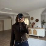 DİK YAKA GOLD DÜĞME KISA HIRKA - KOYU KAHVE