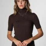 DİK YAKA KISA KOL FİTİLLİ TRİKO - KAHVE