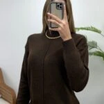 DİK YAKA ÖN DİKİŞLİ KAZAK - KAHVE