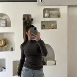 DİK YAKA PAMUK LİKRALI UZUN KOL BLUZ - FÜME