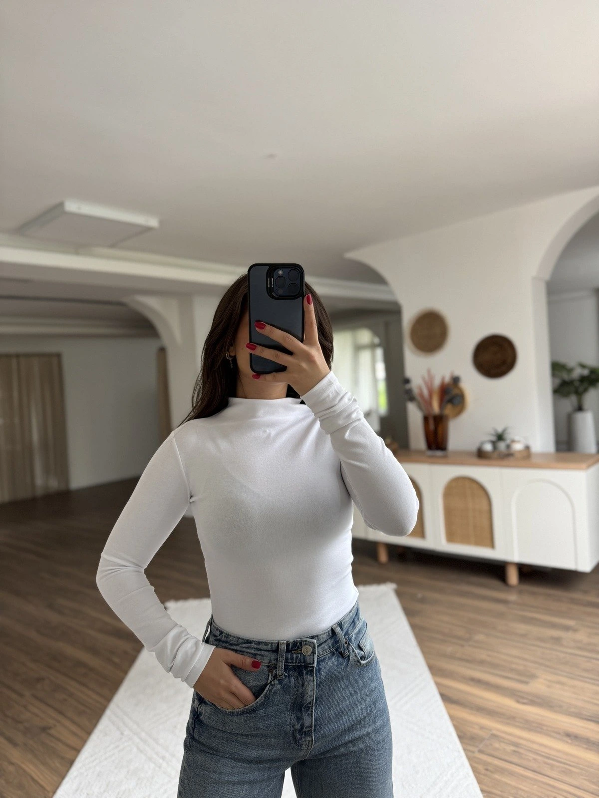 DİK YAKA PAMUK LİKRALI UZUN KOL BLUZ - BEYAZ - Görsel 1