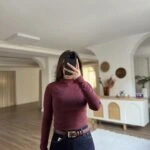 DİK YAKA PAMUK LİKRALI UZUN KOL BLUZ - BORDO