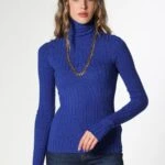 DİK YAKA PARMAK DETAY FİTİLLİ TRİKO - SAKS