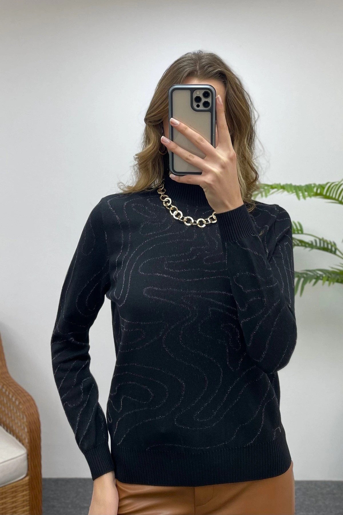 DİK YAKA SİM DETAY TRİKO - SİYAH - Görsel 1