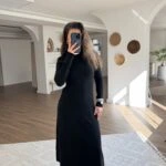 DİK YAKA VİSKON LİKRALI UZUN ELBİSE - SİYAH