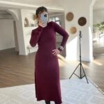 DİK YAKA VİSKON LİKRALI UZUN ELBİSE - BORDO