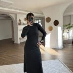 DİK YAKA VİSKON LİKRALI UZUN ELBİSE - ANTRASİT