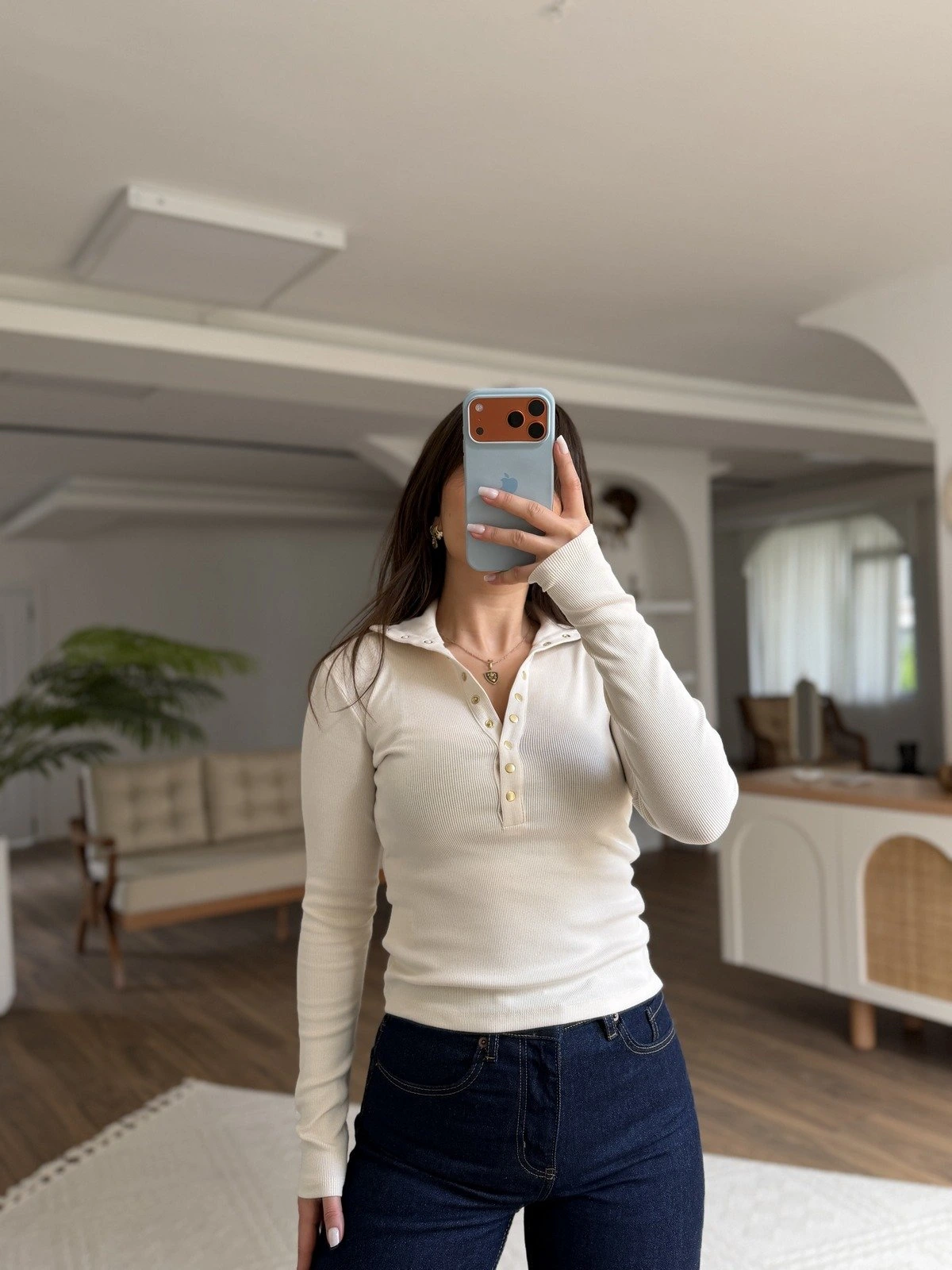 DİK YAKA YARI PATLI GOLD ÇITÇIT PAMUK BLUZ - AÇIK EKRU - Görsel 1