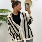 DİKEY ÇİZGİ AJURLU HIRKA - KREM SİYAH