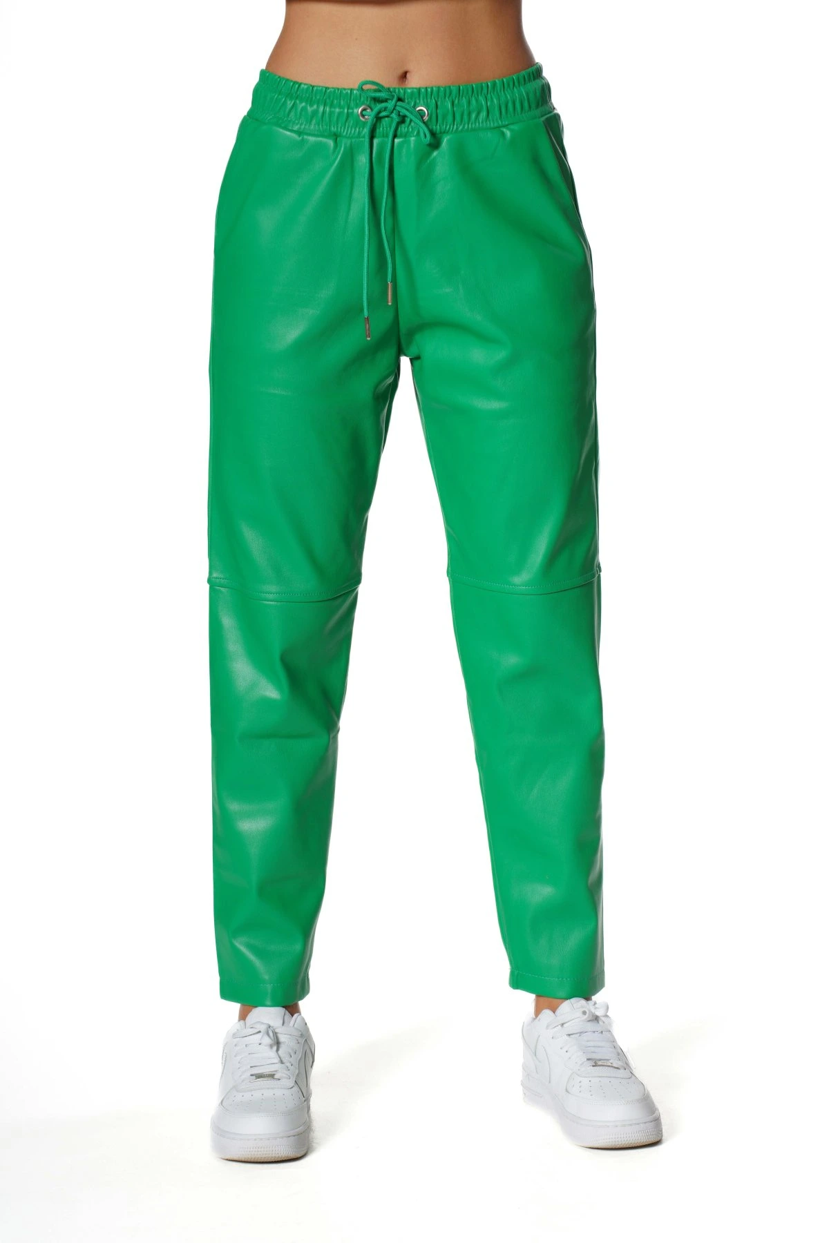 DİZ DİKİŞLİ BEL LASTİK CEPLİ DERİ PANTOLON - YEŞİL - Görsel 1