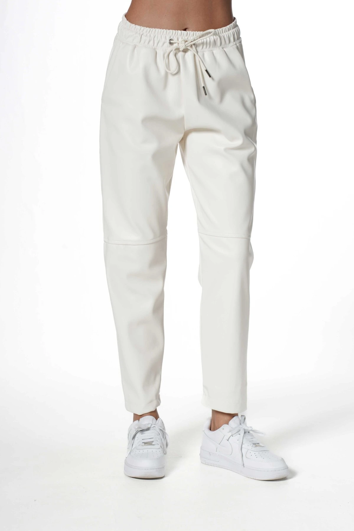 DİZ DİKİŞLİ BEL LASTİK CEPLİ DERİ PANTOLON - TAŞ - Görsel 1