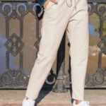 DİZ DİKİŞLİ BEL LASTİK CEPLİ DERİ PANTOLON - BEJ