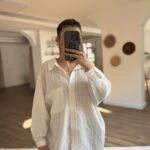 DOKU ÇİZGİ DÜŞÜK OMUZ SALAŞ VSİKON GÖMLEK - BEYAZ