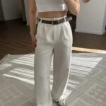 DOKU ÇİZGİ ÖN PİLİ KEMERLİ VİSKON KETEN PALAZZO PANTOLON - BEYAZ