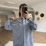 DOKU ÇİZGİ SALAŞ PAMUK KETEN GÖMLEK - LACİVERT