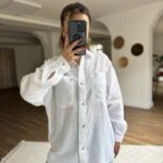 DOKU ÇİZGİ SALAŞ PAMUK KETEN GÖMLEK - BEYAZ