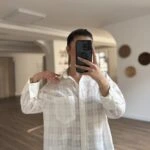 DOKU KARELİ PAMUK GÖMLEK - EKRU