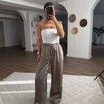 DOKULU CEPLİ BEL LASTİK VİSKON RAHAT PANTOLON - VİZON