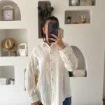 DOKULU ÇİZGİLİ PAMUK GÖMLEK - BEYAZ