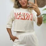 DREAM BASKI KESİK DETAY CROP TİŞÖRT - KREM