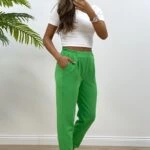 DUBLE PAÇA ARKA BEL LASTİK KUMAŞ PANTOLON - YEŞİL