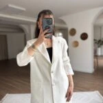 DÜĞME AKSESUAR DETAY TORBA CEP ÇİZGİLİ VİSKON KETEN CEKET - EKRU