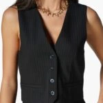 DÜĞMELİ ÇİZGİLİ SÜS CEPLİ YELEK - SİYAH