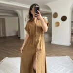 DÜŞÜK KOL BEL BÜZGÜ DETAY VİSKON KETEN GÖMLEK ELBİSE - TABA