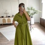 DÜŞÜK KOL BEL LASTİK KEMERLİ DÜĞMELİ PAMUK ELBİSE - FISTIK YEŞİLİ