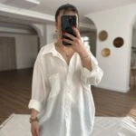 DÜŞÜK OMUZ ARKA A PİLE TEK CEP MODAL SALAŞ GÖMLEK - BEYAZ