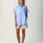 DÜŞÜK OMUZ DUBLE KOL GÖMLEK - MAVİ