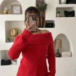 DÜŞÜK OMUZ FİTİLLİ YÜN KARIŞIM KAZAK - KIRMIZI