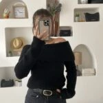 DÜŞÜK OMUZ FİTİLLİ YÜN KARIŞIM KAZAK - SİYAH