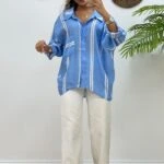 DÜŞÜK OMUZ TEK CEP ÇİZGİLİ GÖMLEK - MAVİ