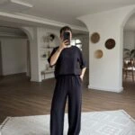 ENSE PENCERE ETEĞİ OVAL BLUZ PANTOLON VİSKON TAKIM - LACİVERT