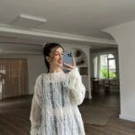 ETEĞİ ASİMETRİ SAÇ ÖRGÜ AJURLU KAZAK - EKRU